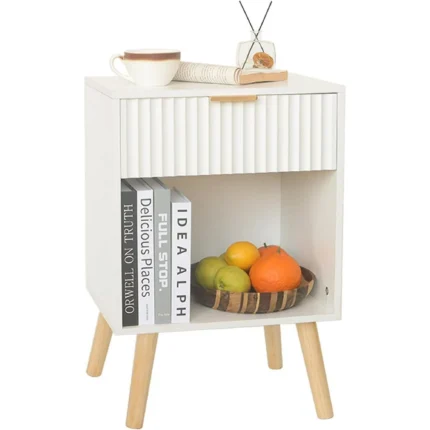 Night Stand with Drawer, Mid Century Nightstand with Storage, Modern Fluted Bedside Table for Bedroom, Living Room